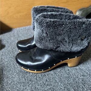 UGG Black and Gray Mules with Shearling Trim